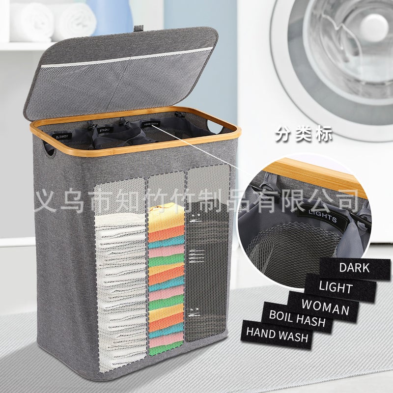 Large Capacity Foldable Classification Standard Bamboo Dirty Clothes Basket Storage Basket Partition With Lid Oxford Cloth Dirty Clothes Basket - Image 3